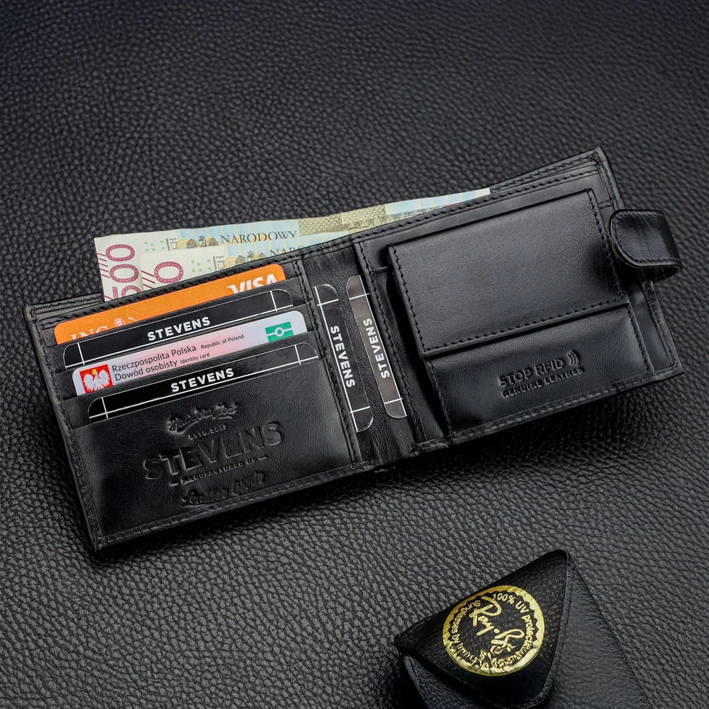 Vyriška odinė piniginė Stevens, plona, juoda, su RFID apsauga 8824A-R