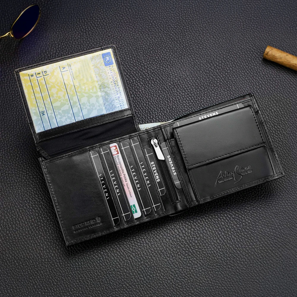Vyriška odinė piniginė Stevens PREMIUM, juoda, su RFID apsauga 02-8888-R