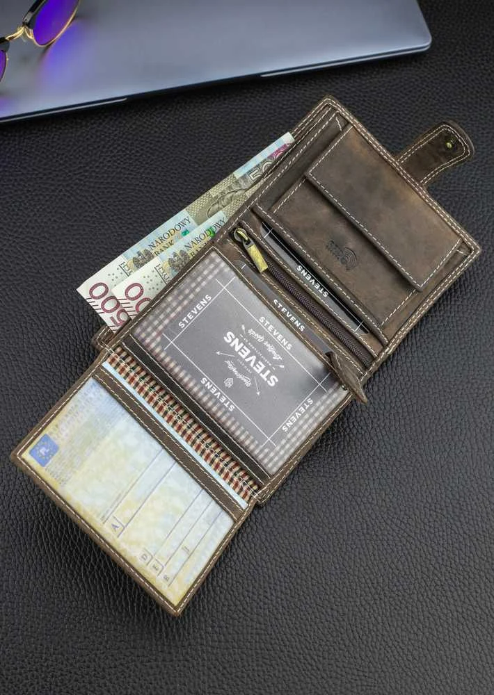 Vyriška odinė piniginė Stevens su RFID apsauga, rudos spalvos