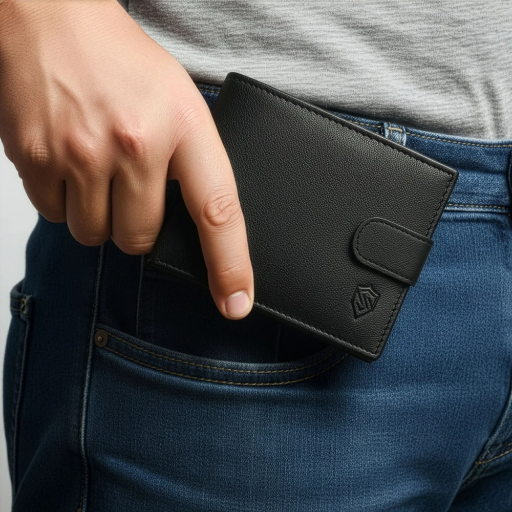 Vyriška odinė piniginė Stevens su RFID apsauga, juoda PREMIUM W-325A