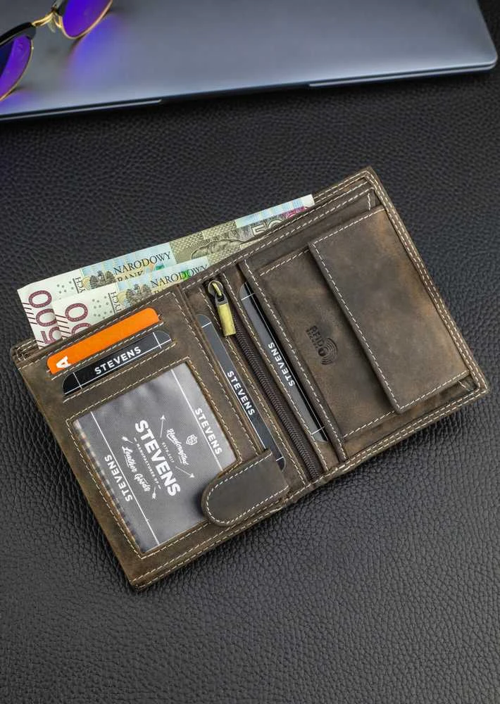 Vyriška odinė piniginė Stevens su RFID apsauga rudos spalvos