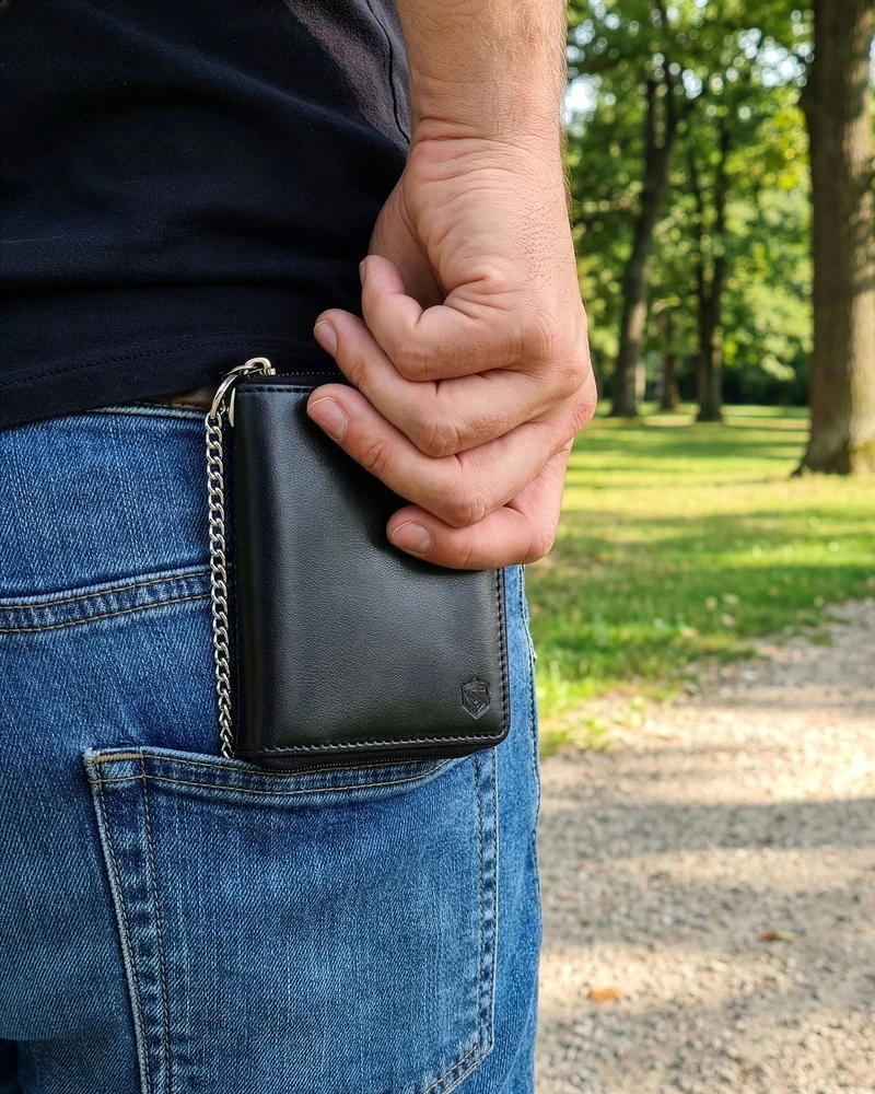 Vyriška odinė piniginė su užtrauktuku ir grandinėle Stevens