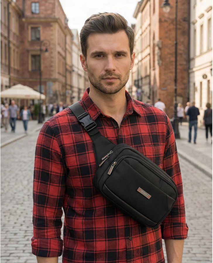 Vyriška „Peterson“ lengva juoda crossbody rankinė per petį su užtrauktuku, iš tekstilės
