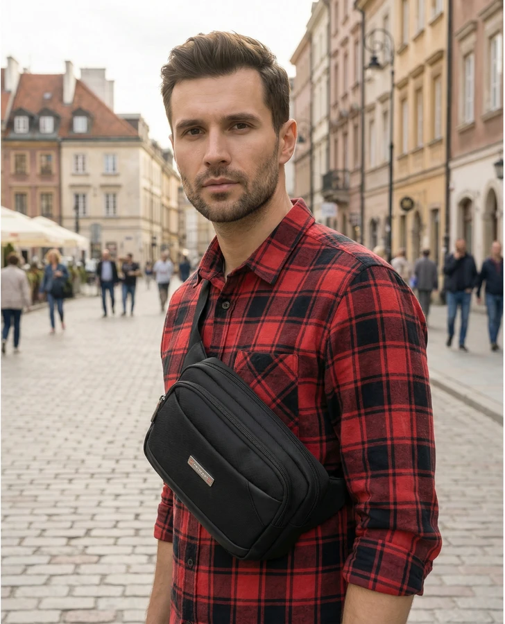 Vyriška „Peterson“ lengva juoda crossbody rankinė per petį su užtrauktuku, iš tekstilės
