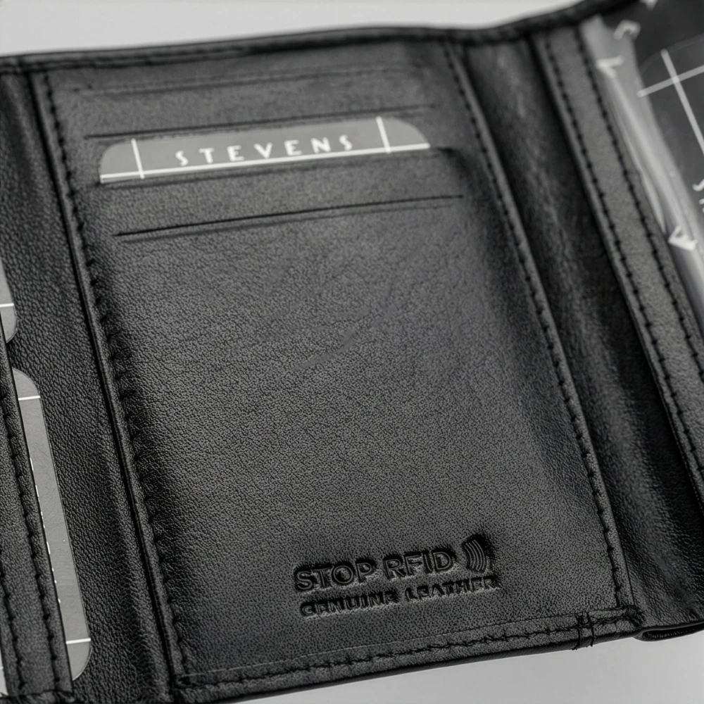 Vyriška plona odinė dokumentų ir kortelių piniginė STEVENS, juoda, RFID D40042