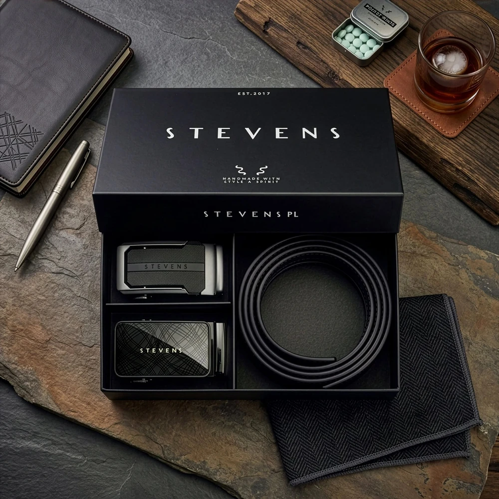 Vyriškas odinis automatinis diržas STEVENS, juodas, 2 viename rinkinys D39737