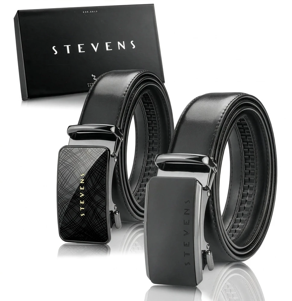 Vyriškas odinis automatinis diržas STEVENS, juodas, 2 dalių dovanų rinkinys D39736