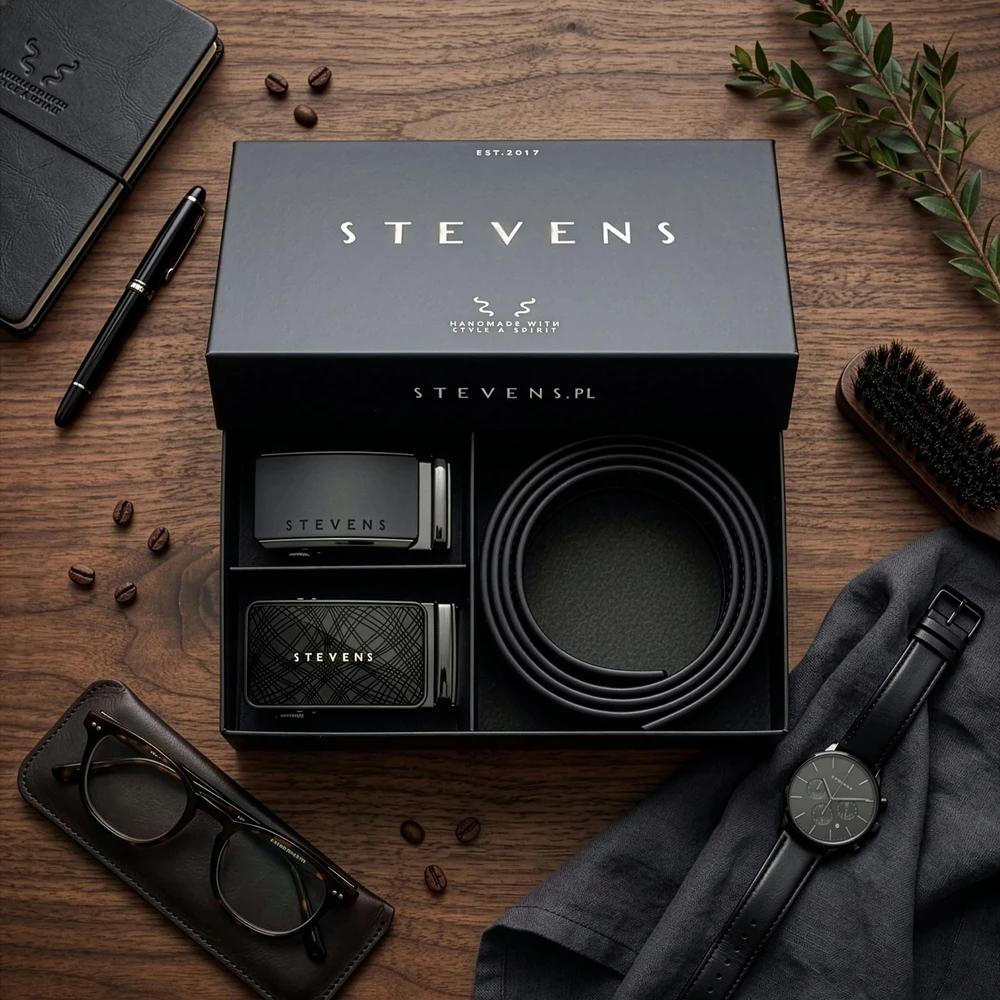 Vyriškas odinis automatinis diržas STEVENS, juodas, 2 dalių dovanų rinkinys D39736
