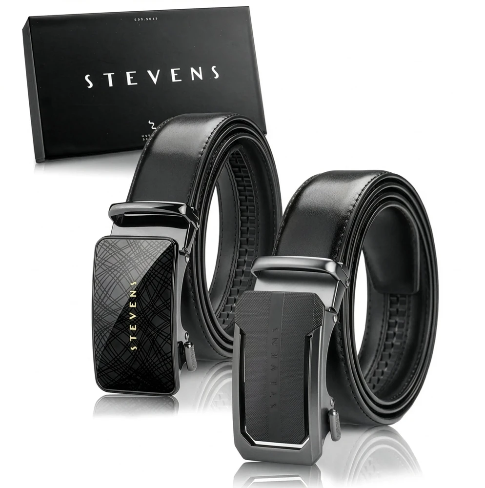 Vyriškas odinis automatinis diržas STEVENS, juodas, 2 viename rinkinys D39737