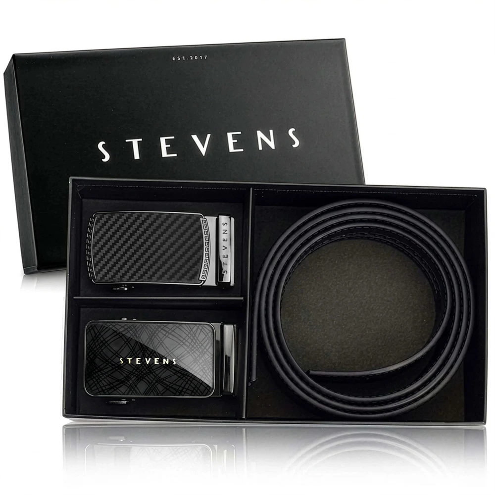 Vyriškas odinis automatinis diržas STEVENS, juodas, dovanų rinkinys 2 viename D39750