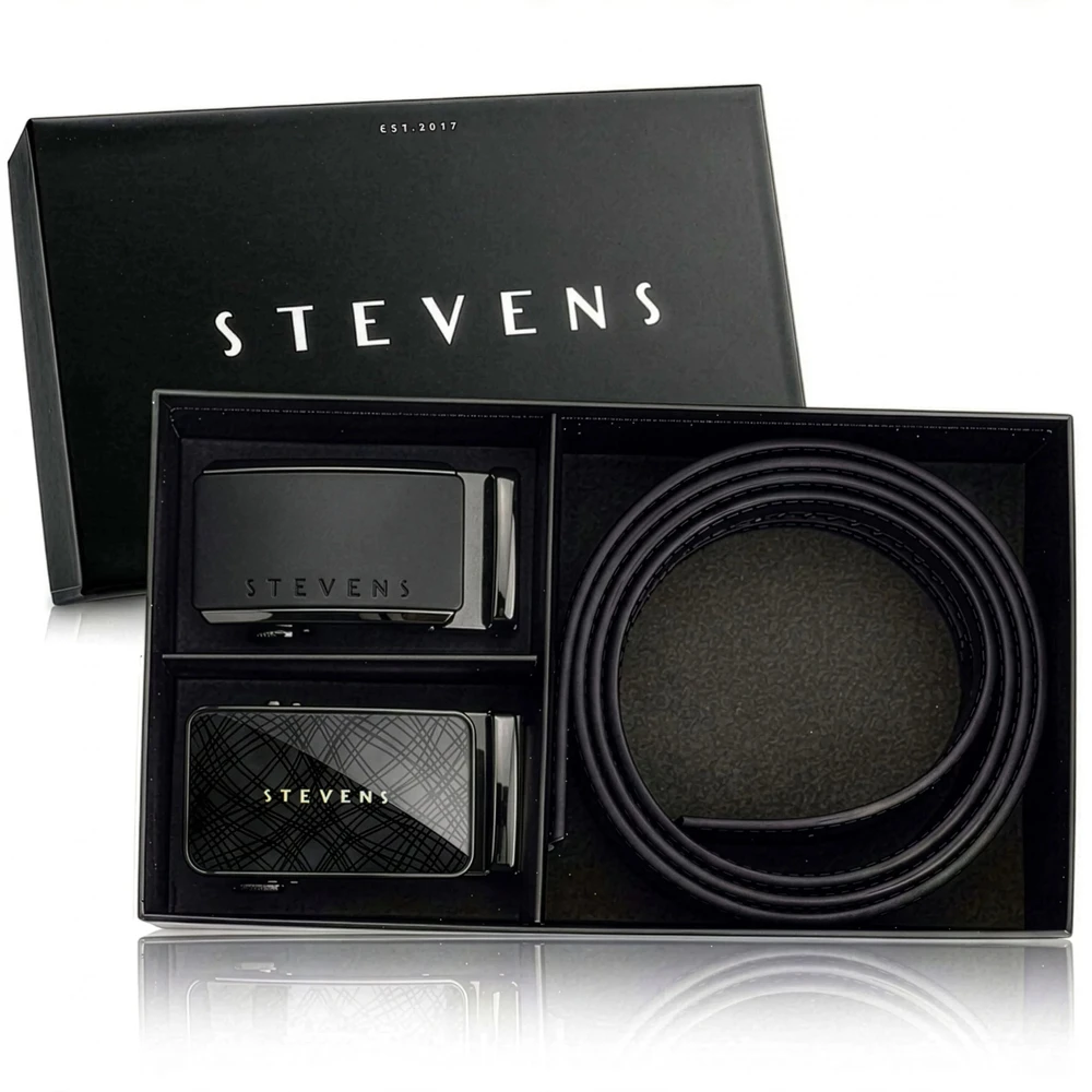 Vyriškas odinis automatinis diržas STEVENS, juodas, dovanų rinkinys D39751