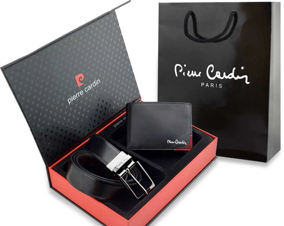 Vyriškas rinkinys Pierre Cardin: odinė piniginė ir dvipusis diržas, juodas/rudas 75T8806BR