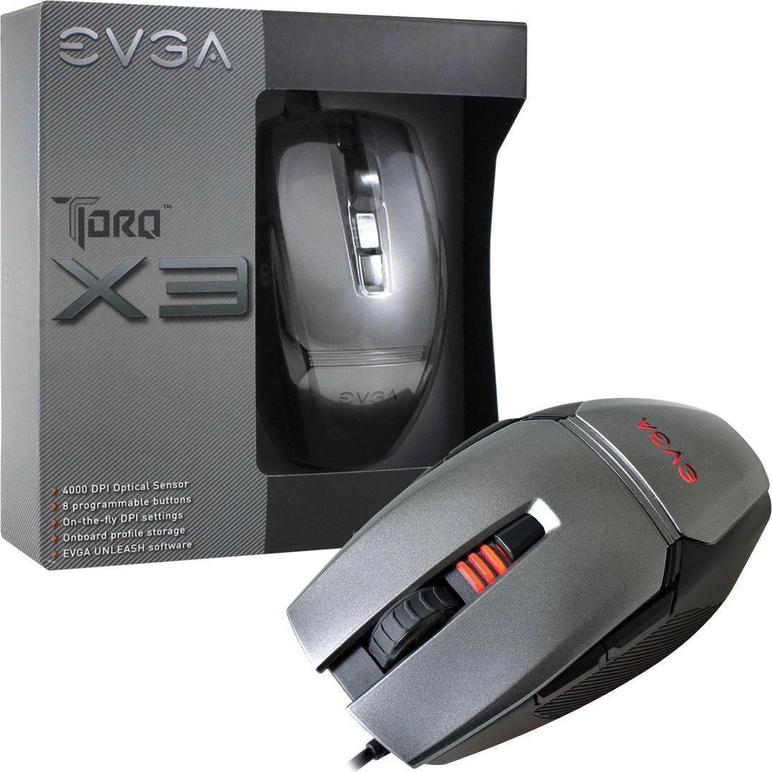 EVGA pelė žaidimams TORQ X3, Customizable, 4000 DPI, 5 Profiles, 8 Mygtukai