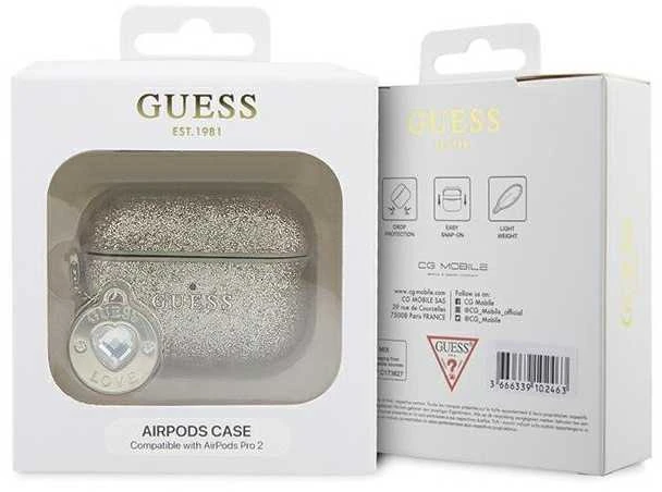 Apple AirPods Pro ausinių dėklas 2 Guess Fixed Glitter Heart Diamond Charm (GUAP2PGEHCDD) aukso spalvos