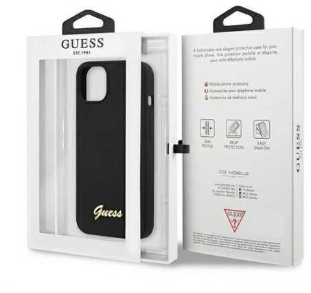 Guess GUHMP13XLSLMGBK Apple iPhone 13 Pro Max 6,7″ juodos spalvos kietas dėklas Silicone Script Gold Logo MagSafe