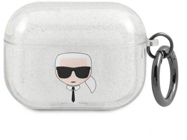 Karl Lagerfeld Karlo Lagerfeldo dėklas, skirtas "AirPods Pro" KLAPUKHGS sidabrinis blizgutis Karlo galva