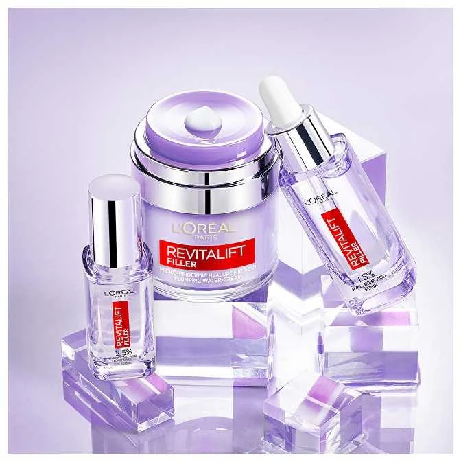 L'Oréal Paris Revitalift Filler HA Skin Serum rinkinys moterims (Facial Serum Revitalift Filler HA 1,5% 30 ml + Eye Serum Revitalift Filler HA 2,5% 20 ml)