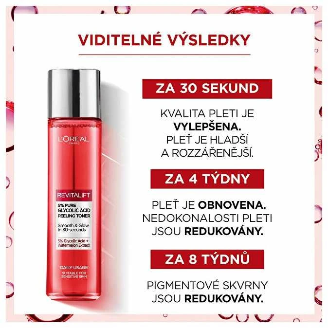 L'Oréal Paris Revitalift 5% grynos glikolio rūgšties peeling toneris veido losjonas ir purškiklis moterims, 180 ml
