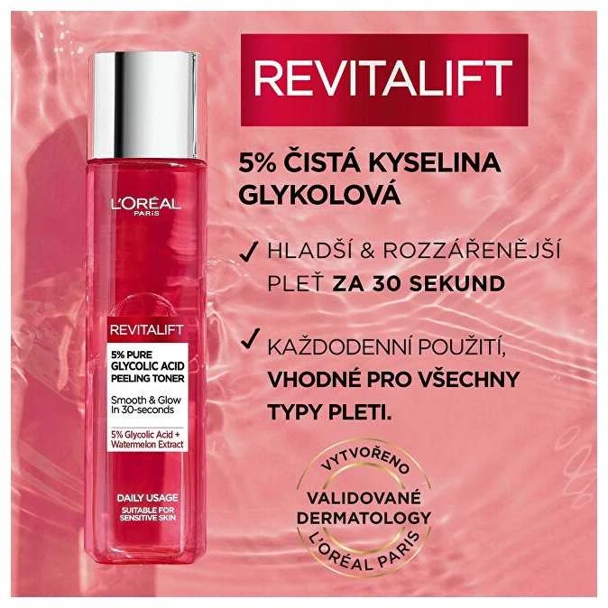 L'Oréal Paris Revitalift 5% grynos glikolio rūgšties peeling toneris veido losjonas ir purškiklis moterims, 180 ml
