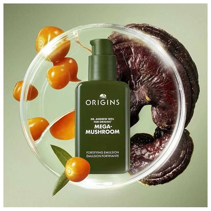Origins Dr. Andrew Weil for Origins™ Mega-Mushroom Fortifying emulsija su Reishi ir šaltalankių raminamoji ir drėkinamoji emulsija, 100 ml