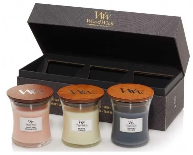 WoodWick Aromatinių žvakių rinkinys (Evening Onyx, Solar Ylang, Coastal Sunset), 3 x 85 g