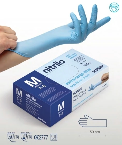 Santex Extra Long 30cm prailgintos nitrilo pirštinės, mėlynos, 6.5g (100vnt.) - M