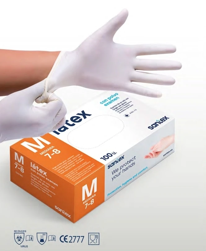 Vienkartinės lateksinės pirštinės Santex Latex su pudros, 5g, baltos (100vnt.) - M - 1pak.x100vnt.