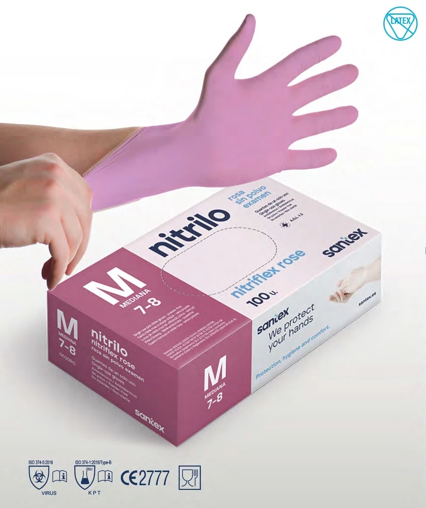 Santex Nitriflex Rose vienkartinės nitrilo pirštinės, rausvos, 3.5g (100vnt.) - M - 1pak.x100vnt.