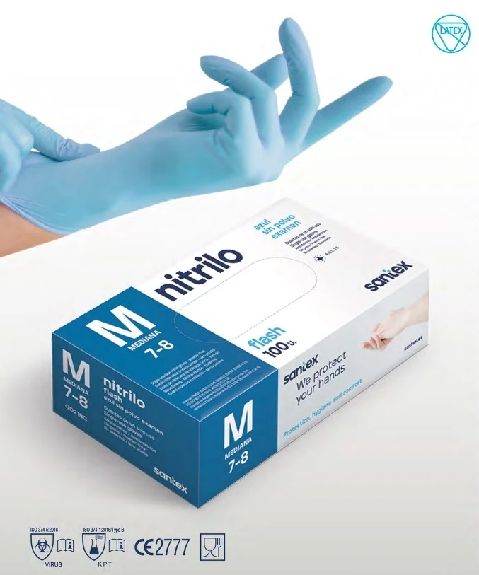 Santex Nitrile Flash Mėlyna pastorintos vienkartinės nitrilo pirštinės, mėlynos, 4.5g (100vnt.) - S
