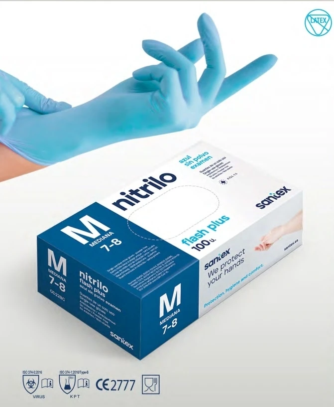 Santex Nitrile Flash Plus Mėlyna tvirtos vienkartinės nitrilo pirštinės, mėlynos, 5.5g (100vnt.) - S - 1pak.x100vnt.
