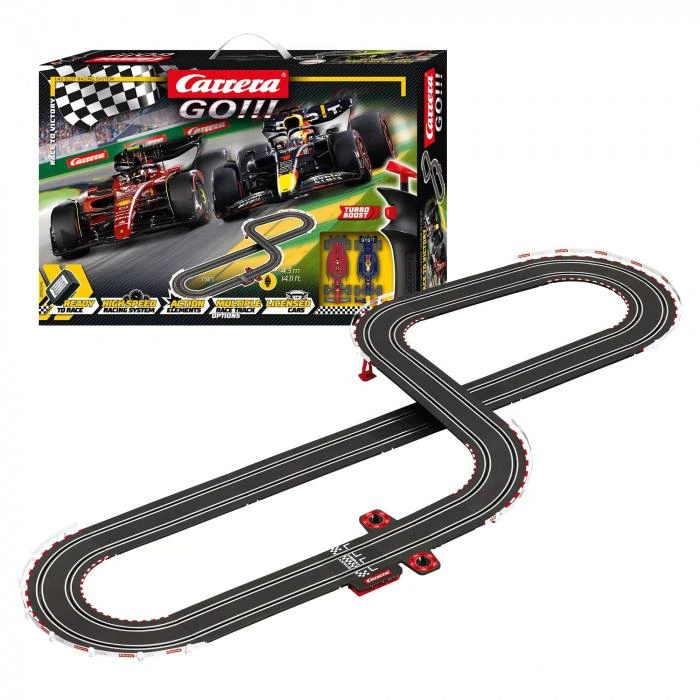 Automobilių Lenktynių Rinkinys - Carrera 1:43 Go Race To Victory (trasos, 2 automobiliai, valdikliai, maitinimo šaltinis)