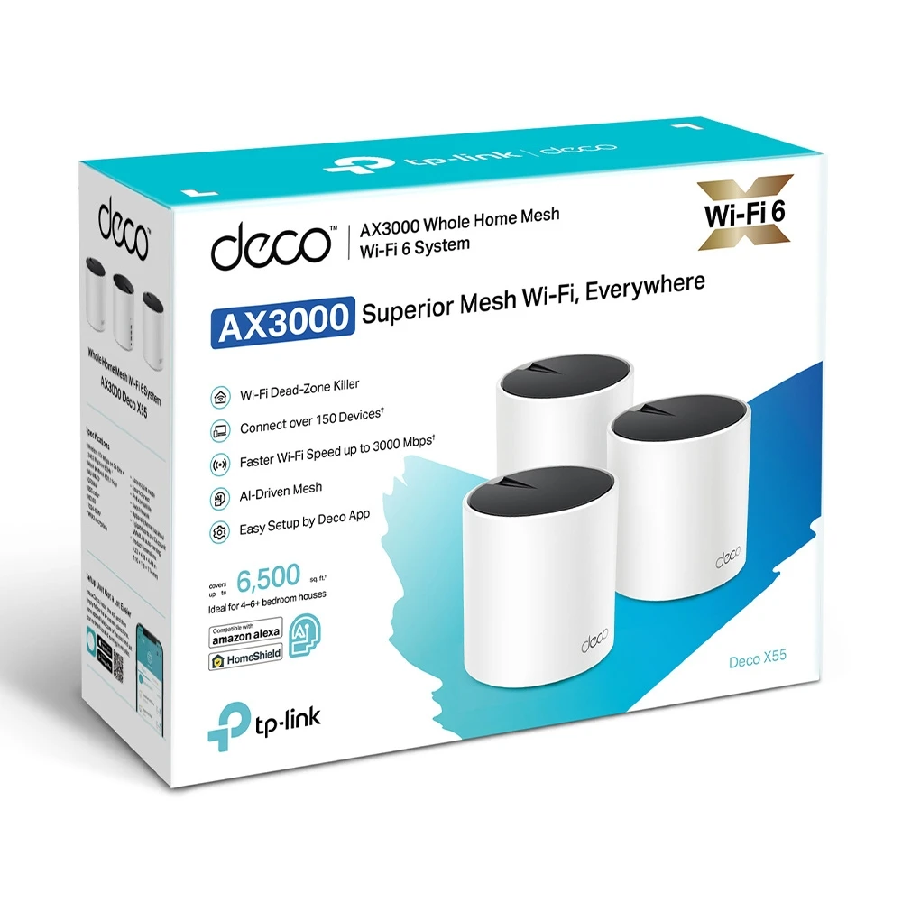Namų tinklo (mesh) sistema TP-Link Deco X55 | AX3000 WiFi 6 | 802.11ax | 2402 Mb/s | 3 vnt. pakuotė