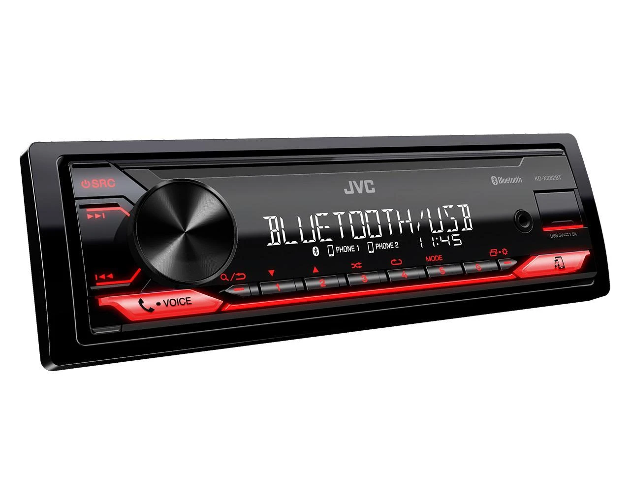 JVC magnetola su raudonu apšvietimu ir Bluetooth