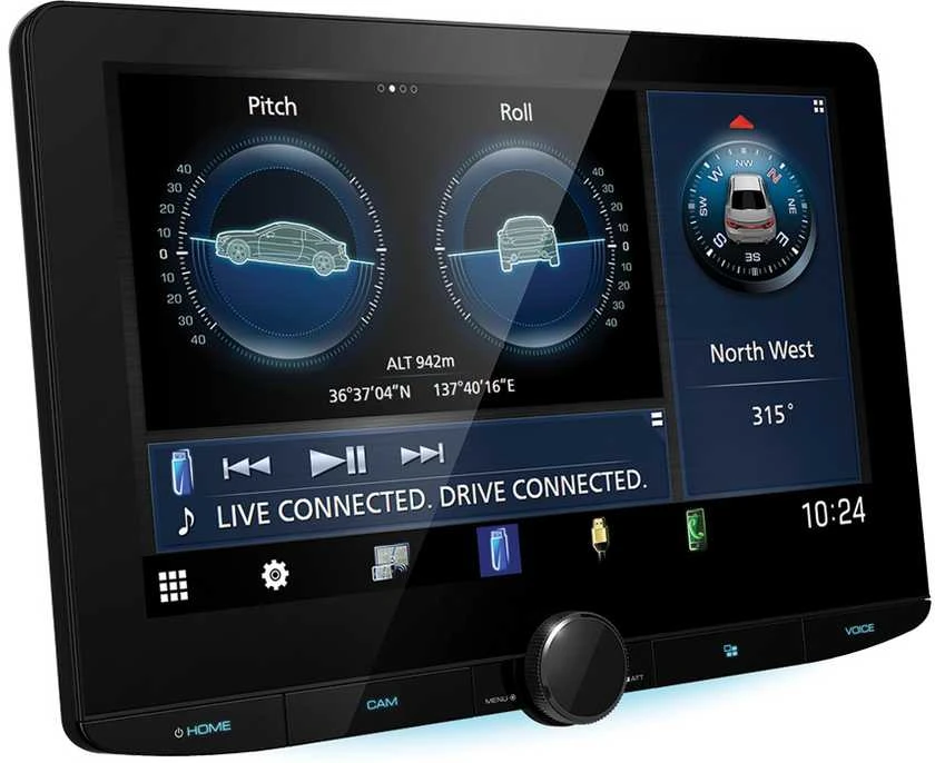 Automagnetola JVC 10.1 colio ekranas su nuolydžio matuokliu
