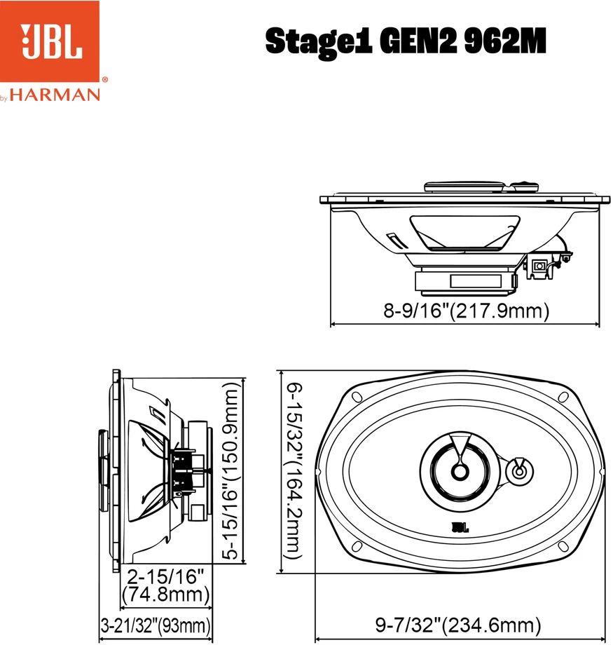 JBL STAGE1 962M, GEN2 6x9", 3-juostų koaksialiniai garsiakalbiai