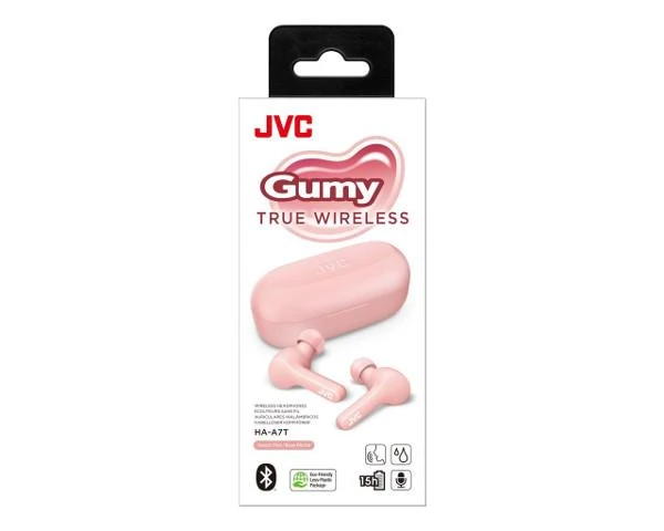 JVC Gumy belaidės ausinės rožinės spalvos pakuotėje