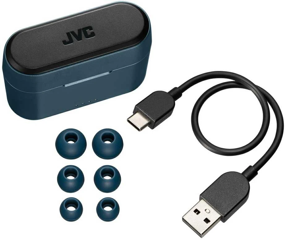JVC belaidžių ausinių komplektas su įkrovimo dėklu ir laidu