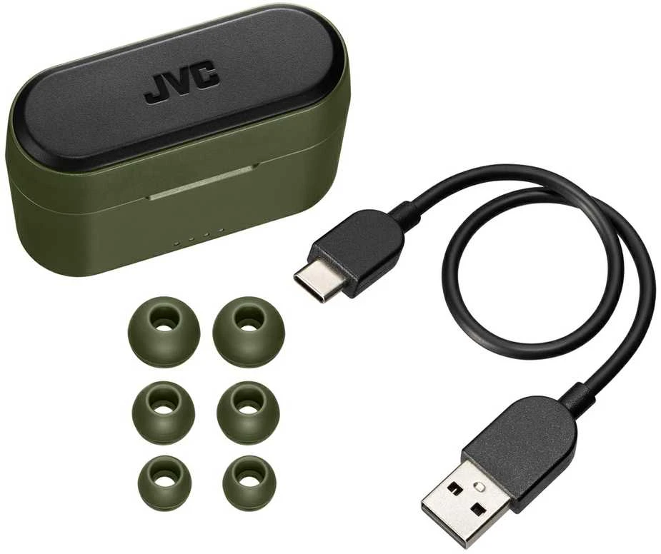 JVC žalios ausinės su įkrovimo dėklu ir priedais