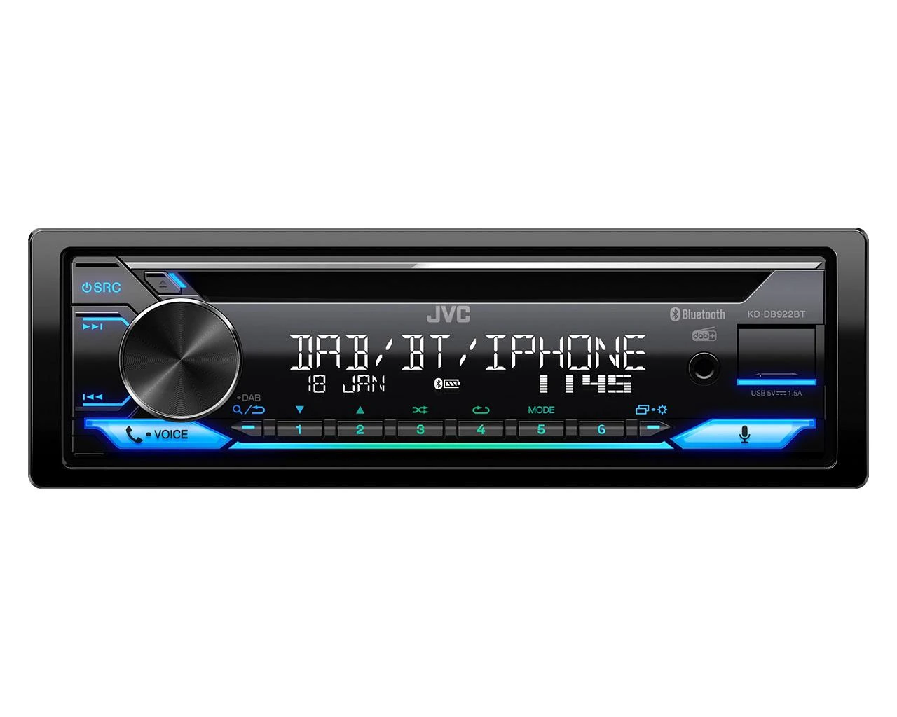 JVC automagnetola su mėlynos spalvos mygtukų apšvietimu