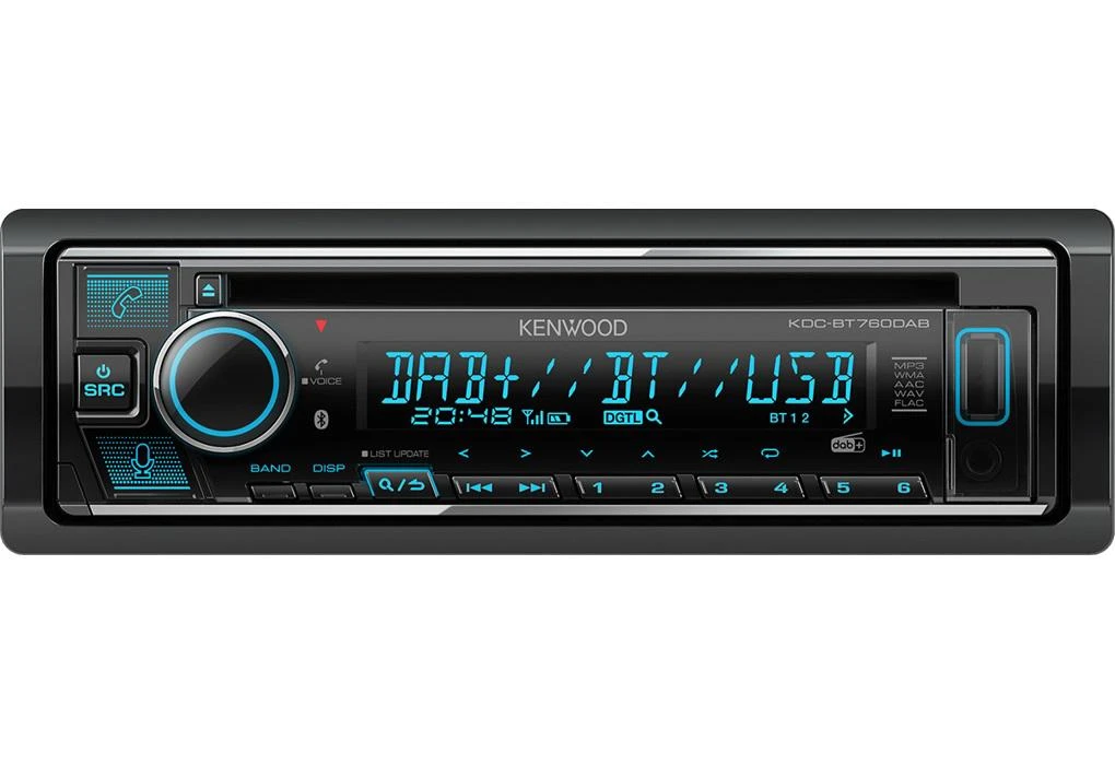 Kenwood automagnetola su mėlynu ekranu