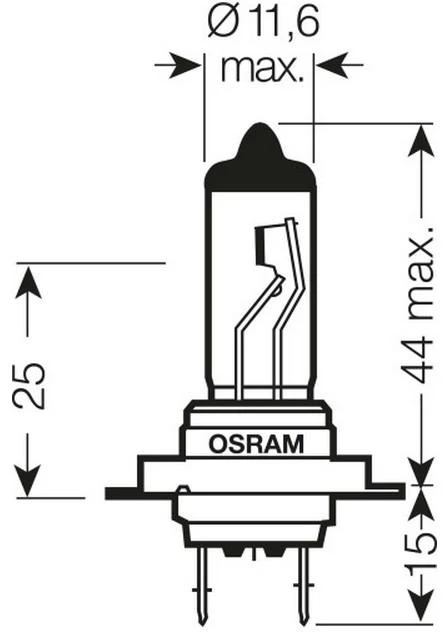 Osram H7 automobilinės lemputės techninė matmenų instrukcija