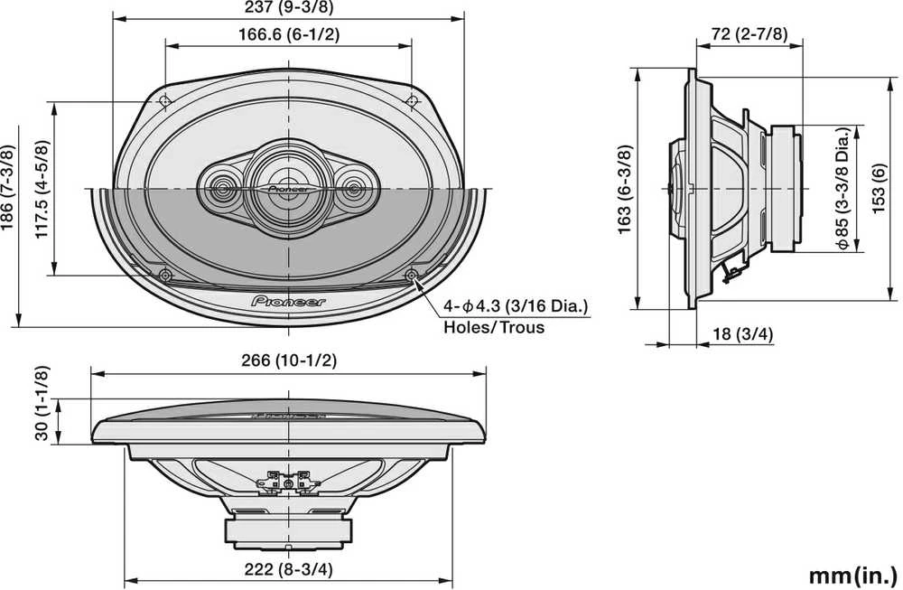 Pioneer TS-A6971F garsiakalbio techninių matmenų brėžinys