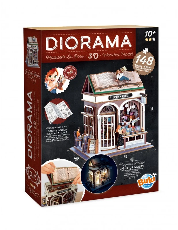 Buki France Miniatiūrinis knygynas – medinė 3D diorama dėlionė su LED, 148 det.