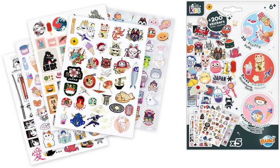 Dėlionė Buki France 200+ Manga Kawaii japoniškų lipdukų rinkinys A5 – auksiniai kontūrai, pūkuoti