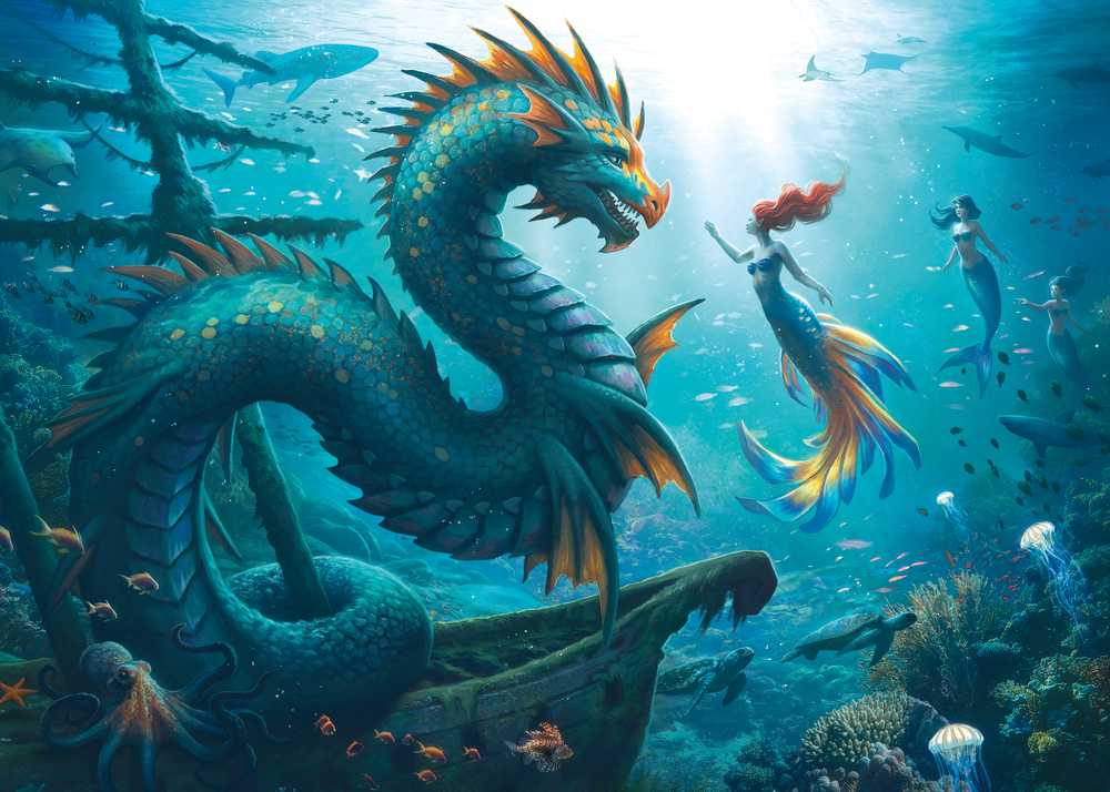 Ravensburger Dėlionė 1000 vnt. - Užburtų gelmių drakonas ir undinės aprašymas - Prekės nuotrauka