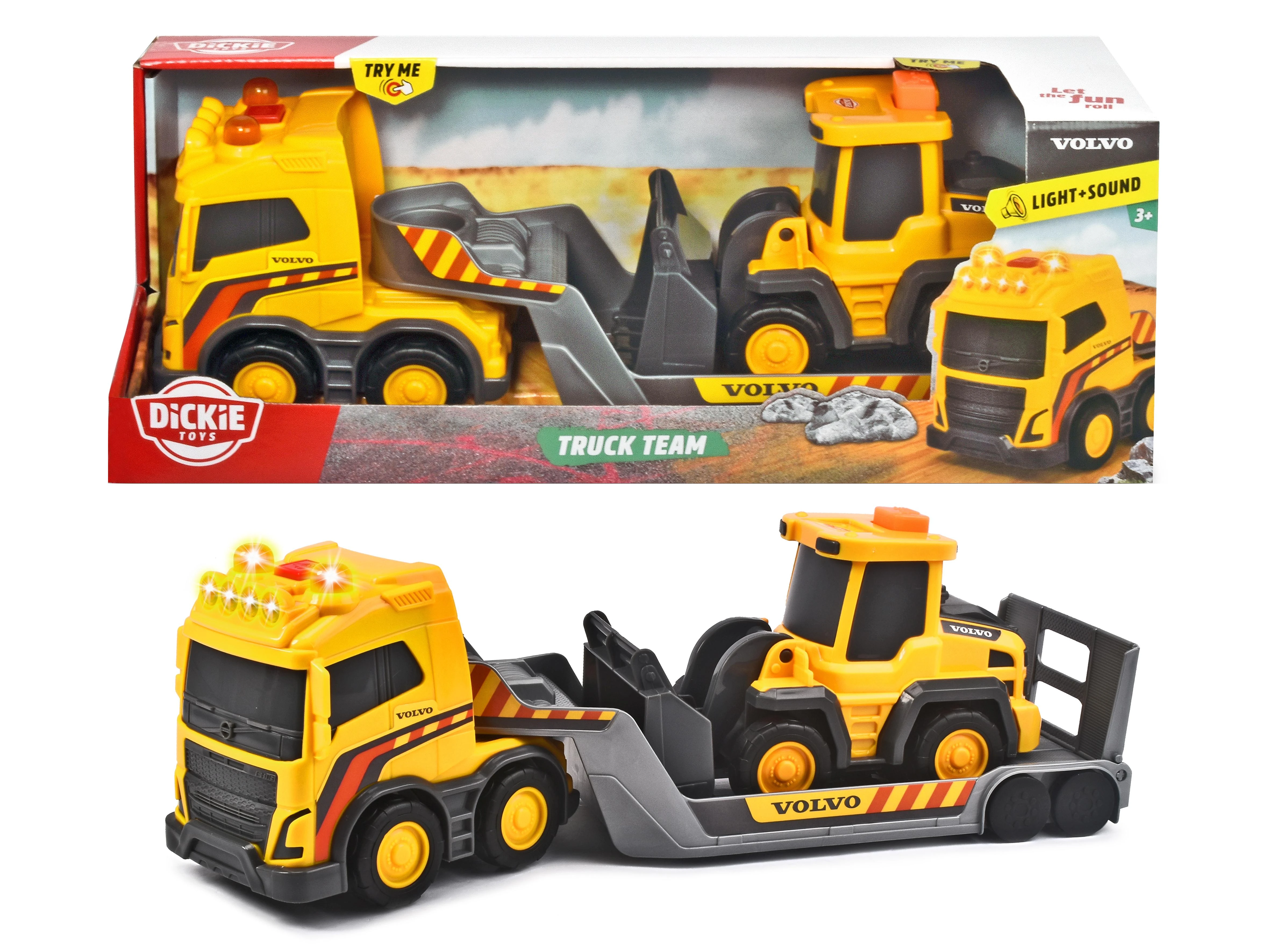 „Dickie“ automobilių vilkimo sunkvežimis su „Construction Volvo“ sunkvežimio komanda 32cm buldozeriu
