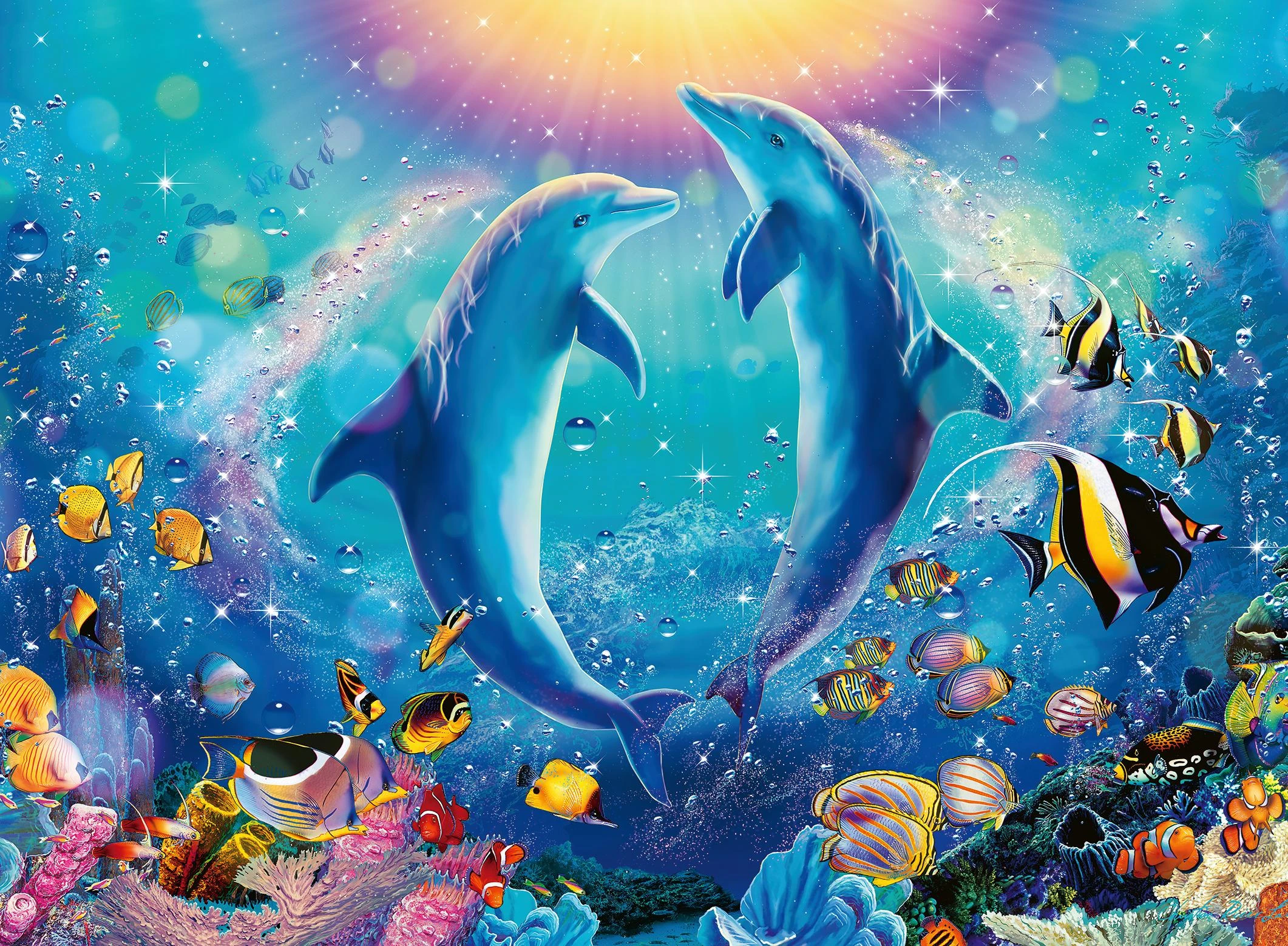 Dėlionė „Ravensburger Puzzle 500“ – galvosūkis „Šok su delfinais“.