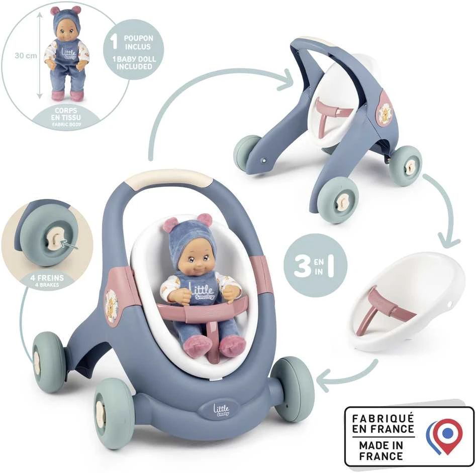 Smoby Vaikų Paspirtukas 3in1 Vežimėlis + Mergaitė Bobas