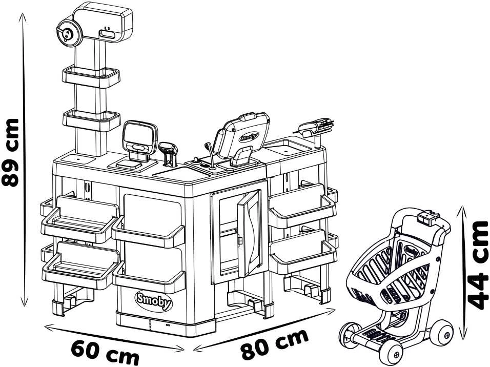 Smoby Prekių Prikrovimo Vežimėlis su Elektronine Kasa, Skaneriu, Svarstyklių ir Šaldytuvu
