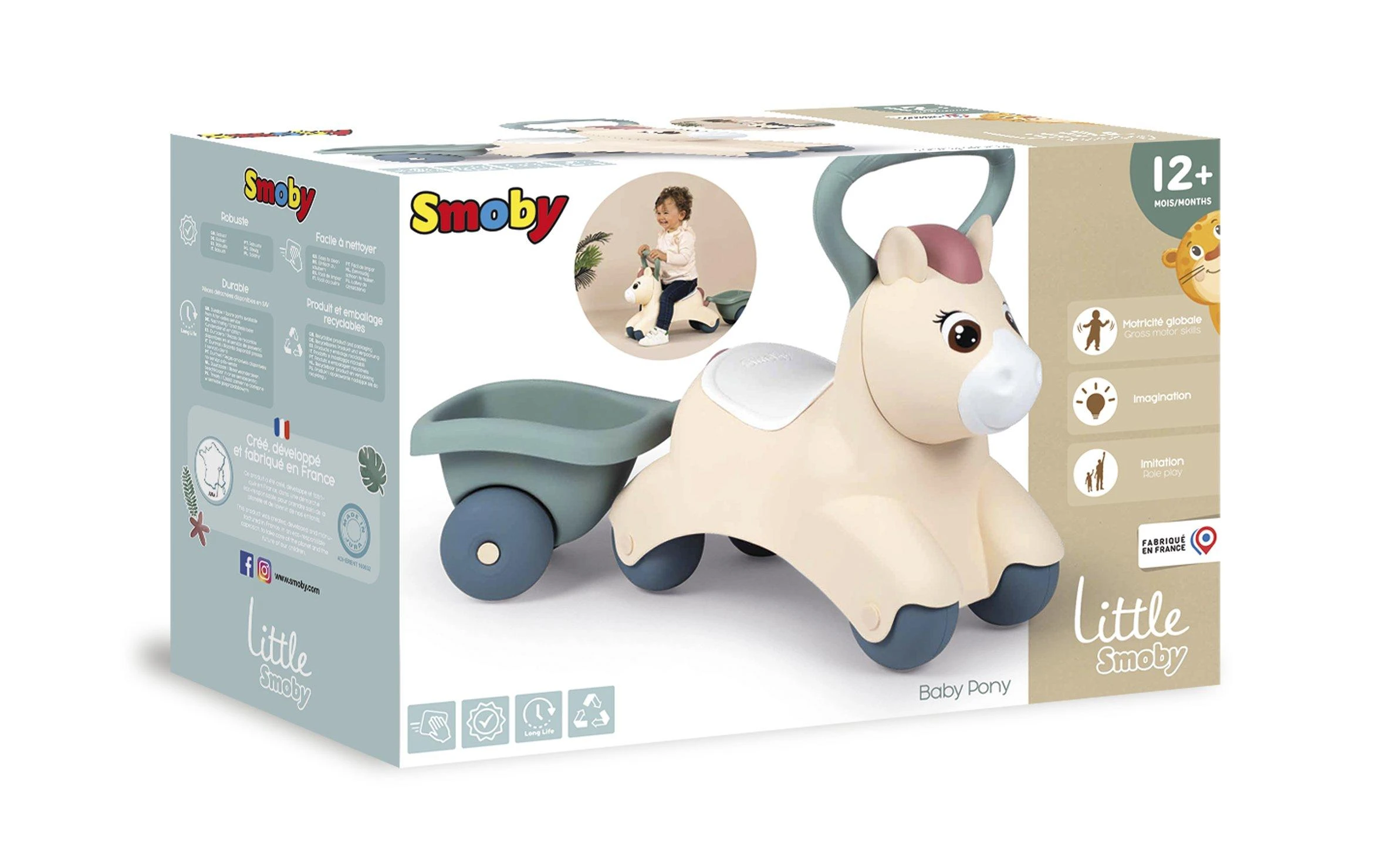 Paspiriama mašinėlė Smoby Cute Baby Pony su priekaba